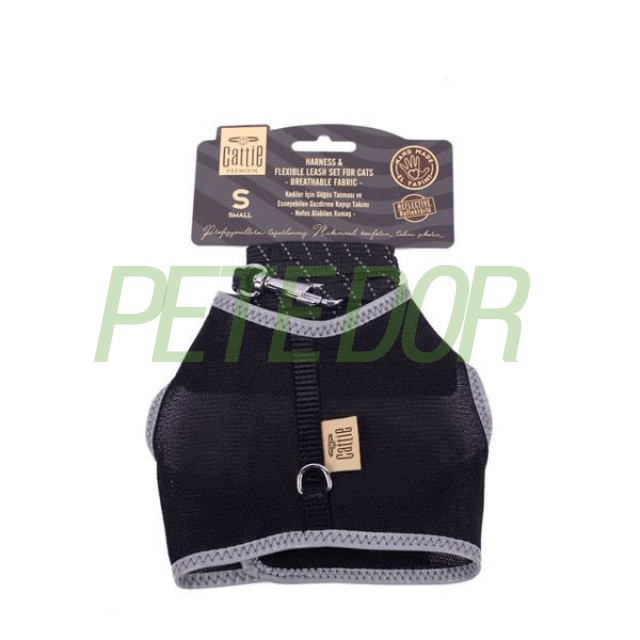Cattie Havalı Dokuma Kedi Göğüs ve Gezdirme Takımı Small Siyah 1x20-30 Cm