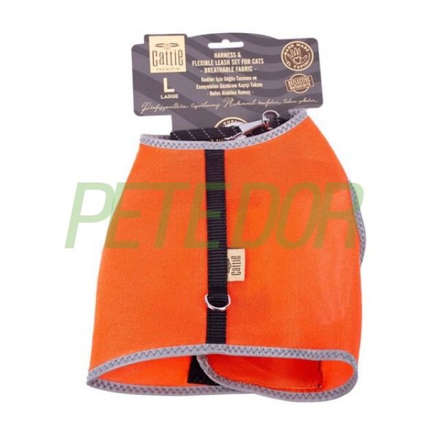 Cattie Havalı Dokuma Kedi Göğüs ve Gezdirme Takımı Large Turuncu 1.5x30-40 Cm