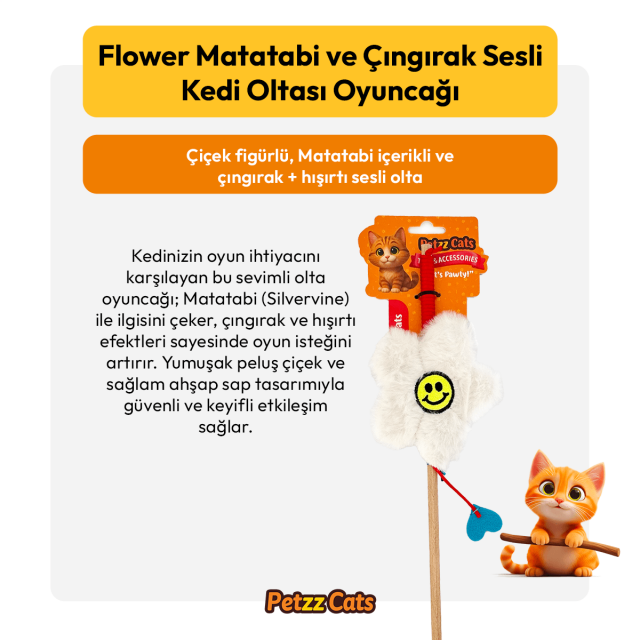 PetzzCats Flower Matatabi ve Çıngırak Sesli Kedi Oltası Oyuncağı Beyaz 42 Cm