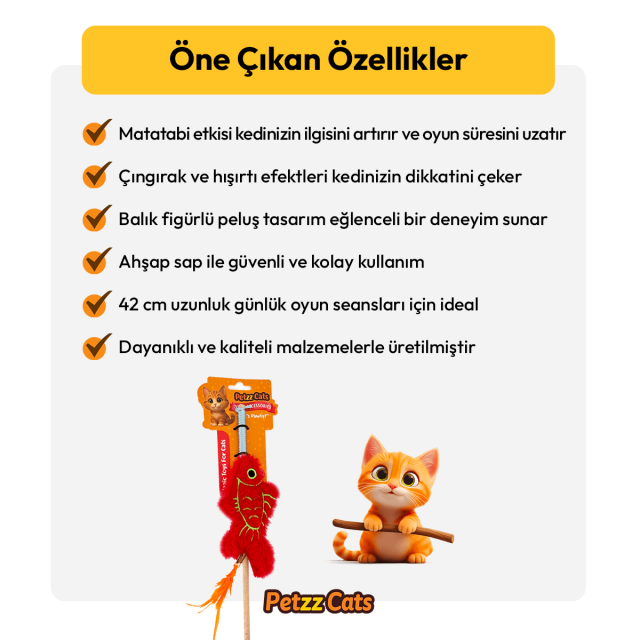 PetzzCats Fish Matatabi ve Çıngırak Sesli Kedi Oltası Oyuncağı Kırmızı 42 Cm