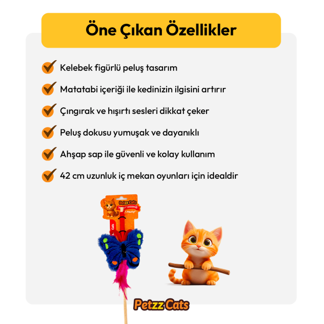 PetzzCats Kelebek Matatabi ve Çıngırak Sesli Kedi Oltası Oyuncağı Mavi 42 Cm