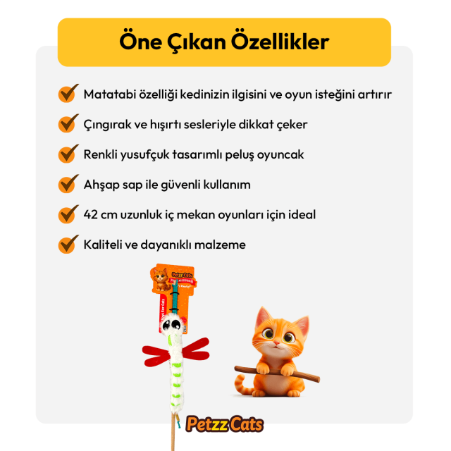 PetzzCats DragonFly Matatabi ve Çıngırak Sesli Kedi Oltası Oyuncağı Beyaz 42 Cm