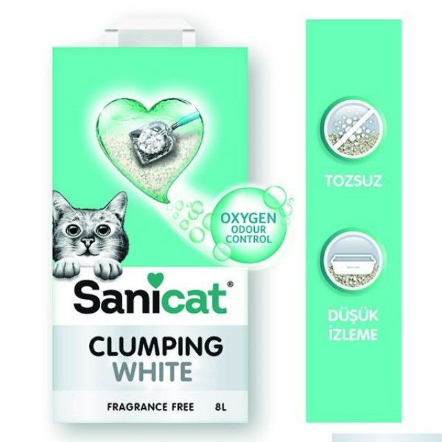 Sanicat Clumping White Oksijen Kontrol Süper Topaklanan Kedi Kumu 8 Lt