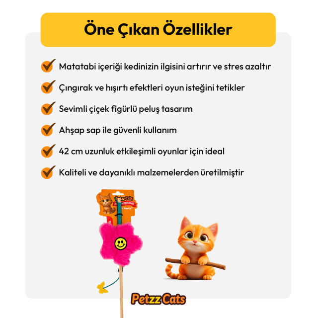 PetzzCats Flower Matatabi ve Çıngırak Sesli Kedi Oltası Oyuncağı Pembe 42 Cm