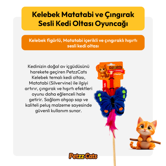 PetzzCats Kelebek Matatabi ve Çıngırak Sesli Kedi Oltası Oyuncağı Mavi 42 Cm