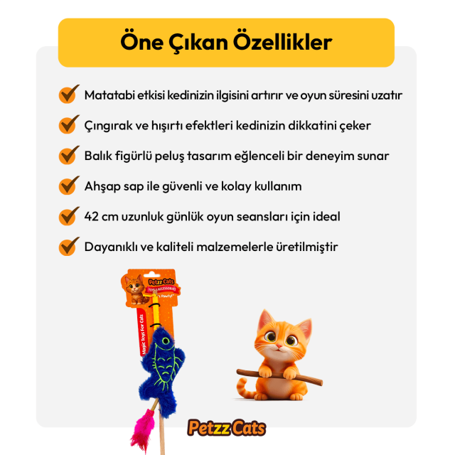 PetzzCats Fish Matatabi ve Çıngırak Sesli Kedi Oltası Oyuncağı Mavi 42 Cm