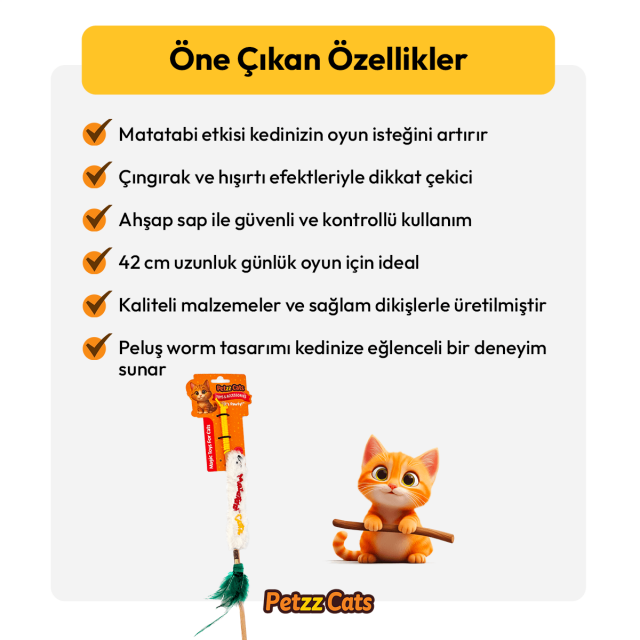 PetzzCats Worm Matatabi ve Çıngırak Sesli Kedi Oltası Oyuncağı Beyaz 42 Cm