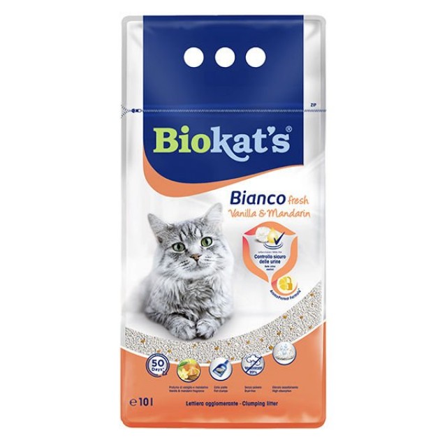 Biokats Bianco Fresh Vanilya ve Mandalina Kokulu Topaklanan Doğal Kedi Kumu 10 Lt