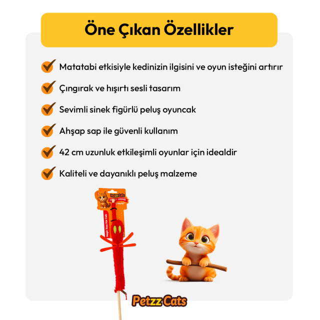 PetzzCats Sinek Matatabi ve Çıngırak Sesli Kedi Oltası Oyuncağı Kırmızı 42 Cm