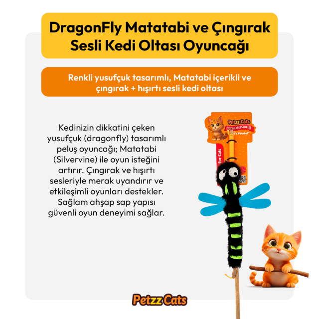 PetzzCats DragonFly Matatabi ve Çıngırak Sesli Kedi Oltası Oyuncağı Siyah 42 Cm