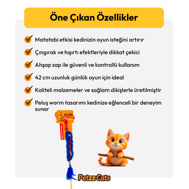 PetzzCats Worm Matatabi ve Çıngırak Sesli Kedi Oltası Oyuncağı Mavi 42 Cm