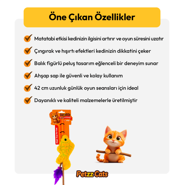 PetzzCats Fish Matatabi ve Çıngırak Sesli Kedi Oltası Oyuncağı Sarı 42 Cm