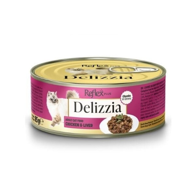 Reflex Plus Delizzia Sos İçinde Parça Etli Tavuklu ve Ciğerli Yetişkin Konserve Kedi Maması 85 Gr 1 Adet