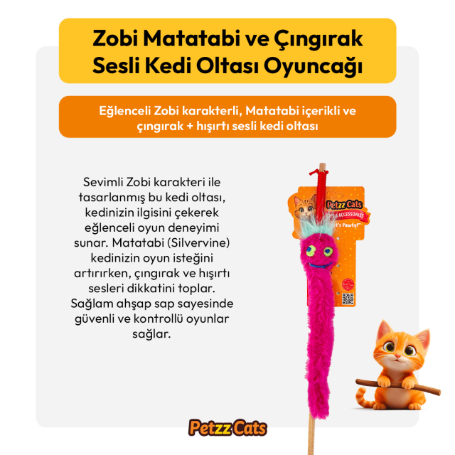 PetzzCats Zobi Matatabi ve Çıngırak Sesli Kedi Oltası Oyuncağı Pembe 42 Cm