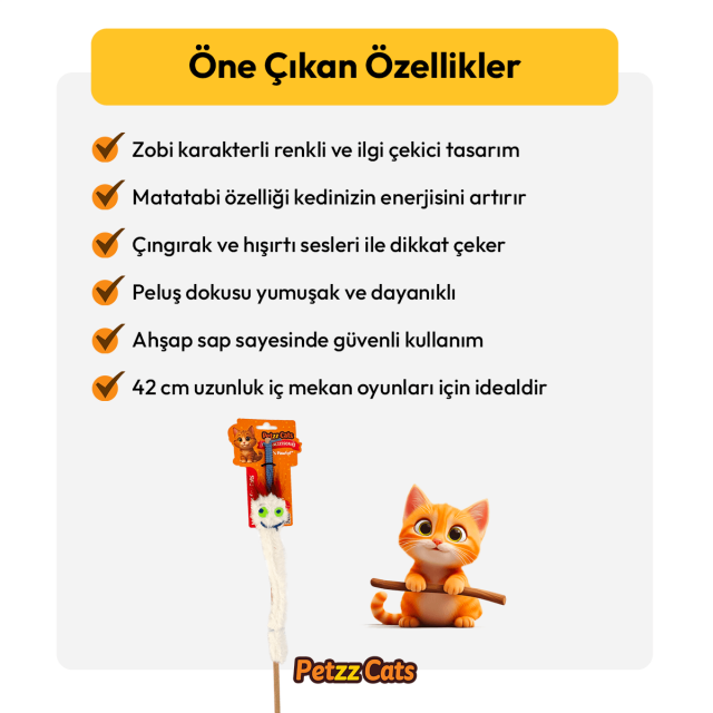 PetzzCats Zobi Matatabi ve Çıngırak Sesli Kedi Oltası Oyuncağı Beyaz 42 Cm