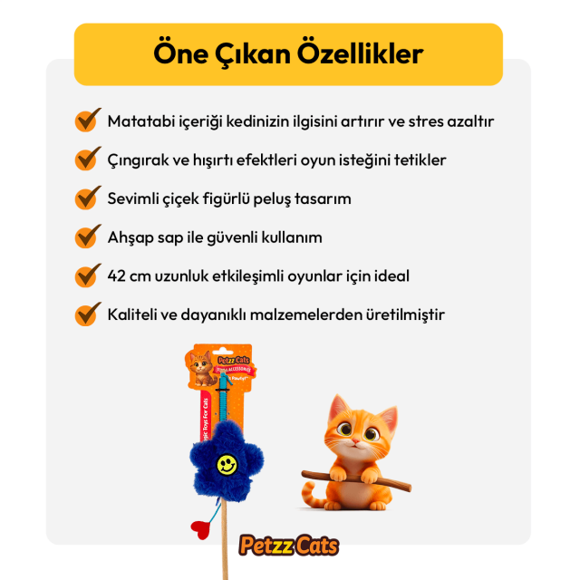 PetzzCats Flower Matatabi ve Çıngırak Sesli Kedi Oltası Oyuncağı Mavi 42 Cm