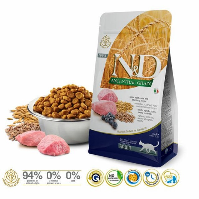 N&D Düşük Tahıllı Kuzu Etli ve Yaban Mersinli Yetişkin Kedi Maması 1.5 Kg