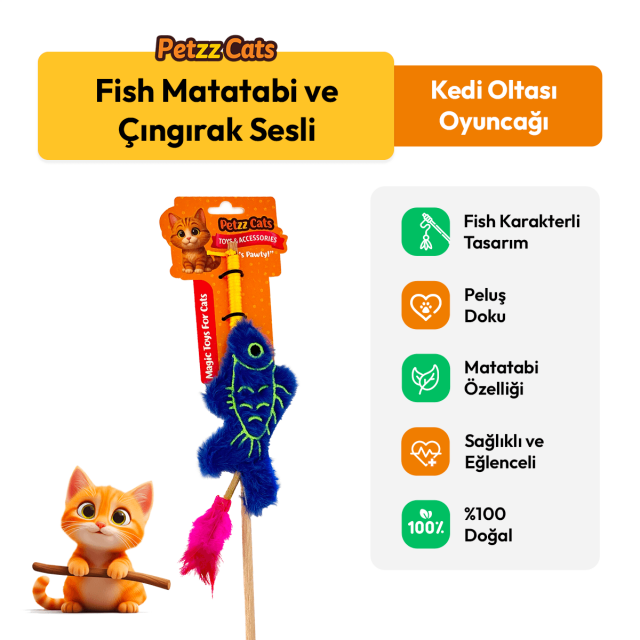 PetzzCats Fish Matatabi ve Çıngırak Sesli Kedi Oltası Oyuncağı Mavi 42 Cm