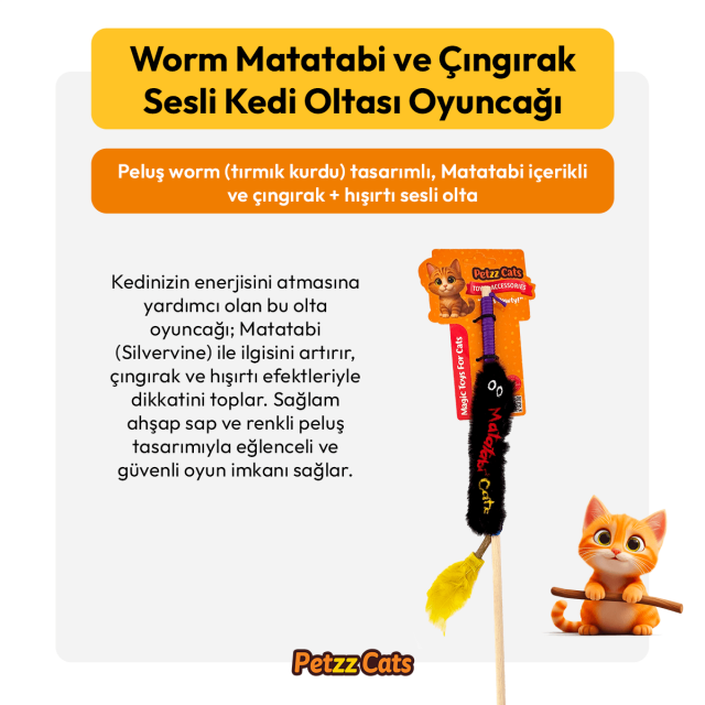 PetzzCats Worm Matatabi ve Çıngırak Sesli Kedi Oltası Oyuncağı Siyah 42 Cm