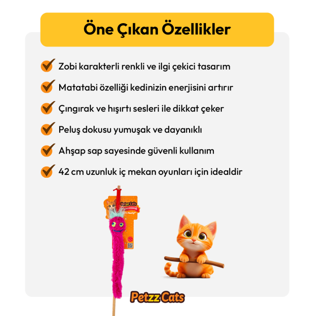 PetzzCats Zobi Matatabi ve Çıngırak Sesli Kedi Oltası Oyuncağı Pembe 42 Cm