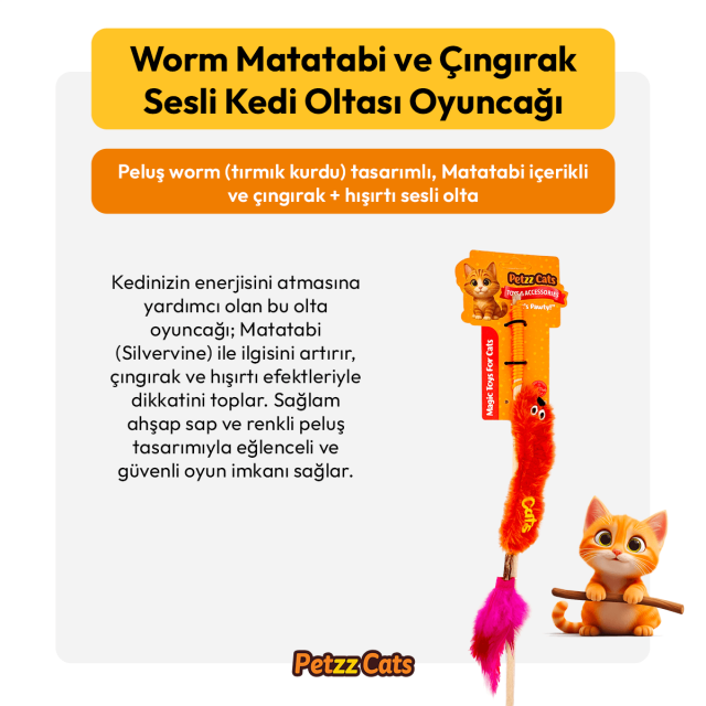 PetzzCats Worm Matatabi ve Çıngırak Sesli Kedi Oltası Oyuncağı Turuncu 42 Cm