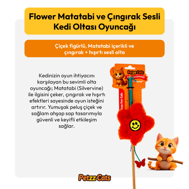 PetzzCats Flower Matatabi ve Çıngırak Sesli Kedi Oltası Oyuncağı Turuncu 42 Cm