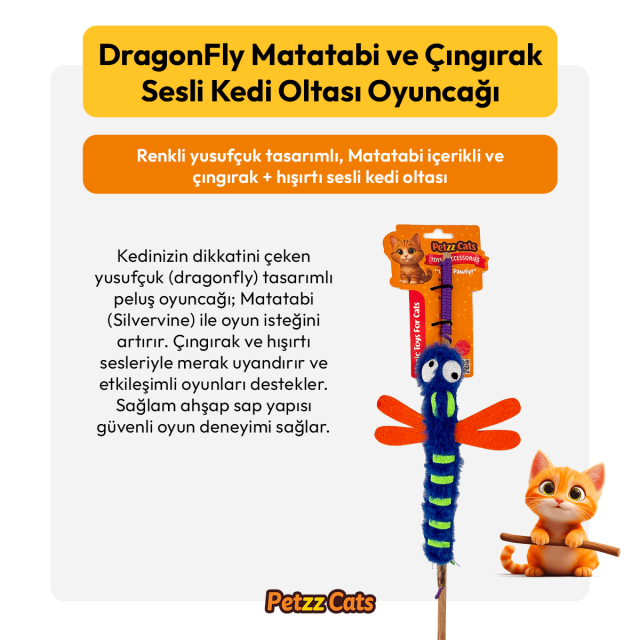 PetzzCats DragonFly Matatabi ve Çıngırak Sesli Kedi Oltası Oyuncağı Mavi 42 Cm