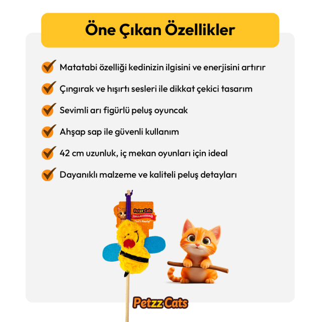 PetzzCats Bee Matatabi ve Çıngırak Sesli Kedi Oltası Oyuncağı Sarı 42 Cm