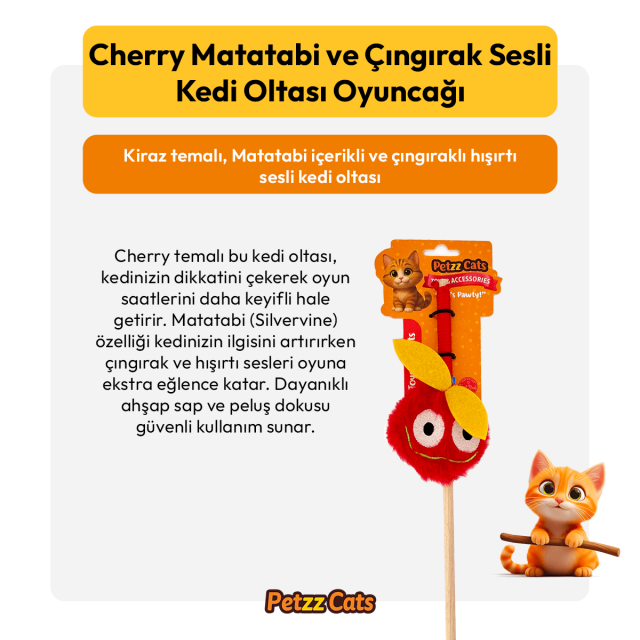 PetzzCats Cherry Matatabi ve Çıngırak Sesli Kedi Oltası Oyuncağı Kırmızı 42 Cm