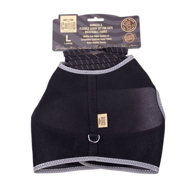 Cattie Havalı Dokuma Kedi Göğüs ve Gezdirme Takımı Large Siyah 1.5x30-40 Cm Cattie Havalı Dokuma Kedi Göğüs ve Gezdirme Takımı Large Siyah 1.5x30-40 Cm
