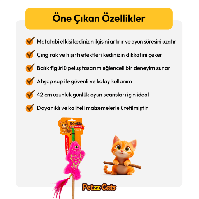 PetzzCats Fish Matatabi ve Çıngırak Sesli Kedi Oltası Oyuncağı Pembe 42 Cm