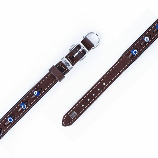 Doggie Comfort Deri Nazar Boncuklu Köpek Boyun Tasması Medium Kahverengi 2.5x37-45 Cm