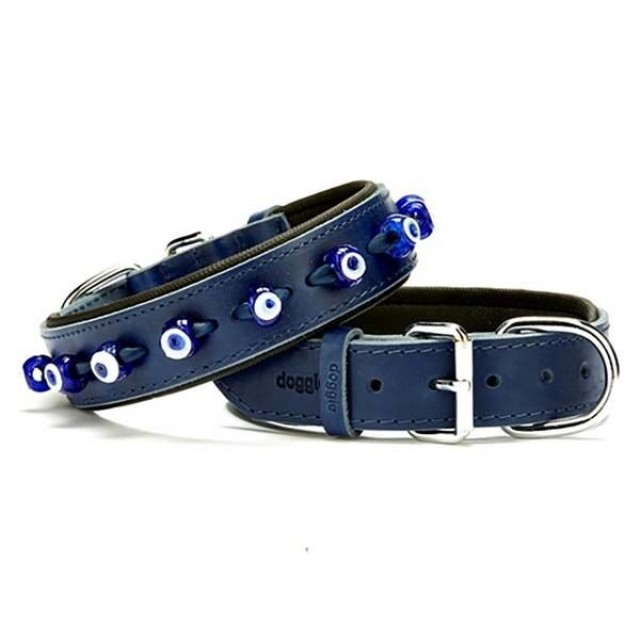Doggie Comfort Deri Nazar Boncuklu Köpek Boyun Tasması Large Mavi 3.5x52-60 Cm