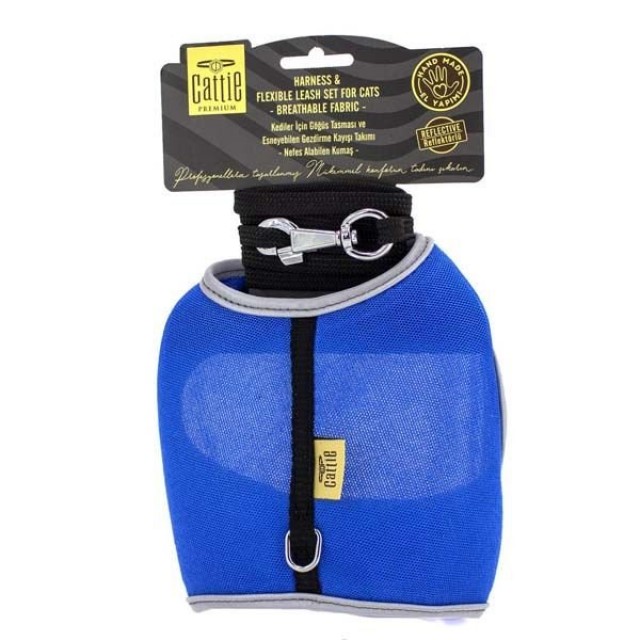 Cattie Havalı Dokuma Kedi Göğüs ve Gezdirme Takımı Medium Mavi 1x25-35 Cm