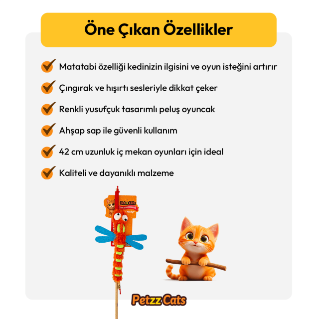 PetzzCats DragonFly Matatabi ve Çıngırak Sesli Kedi Oltası Oyuncağı Turuncu 42 Cm