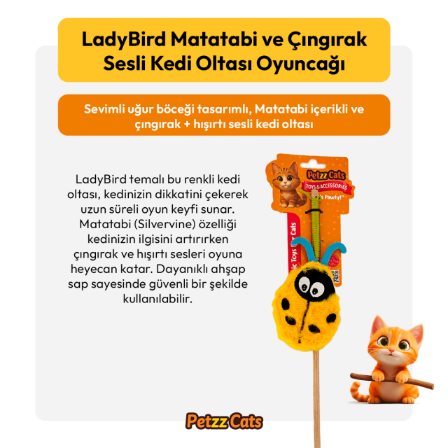PetzzCats LadyBird Matatabi ve Çıngırak Sesli Kedi Oltası Oyuncağı Mavi/Sarı 42 Cm