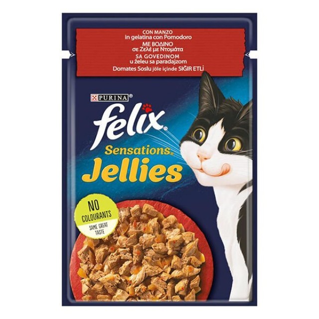 Felix Sensations Taze Jöle İçerisinde Domates Soslu Sığır Etli Yetişkin Konserve Kedi Maması 85 Gr