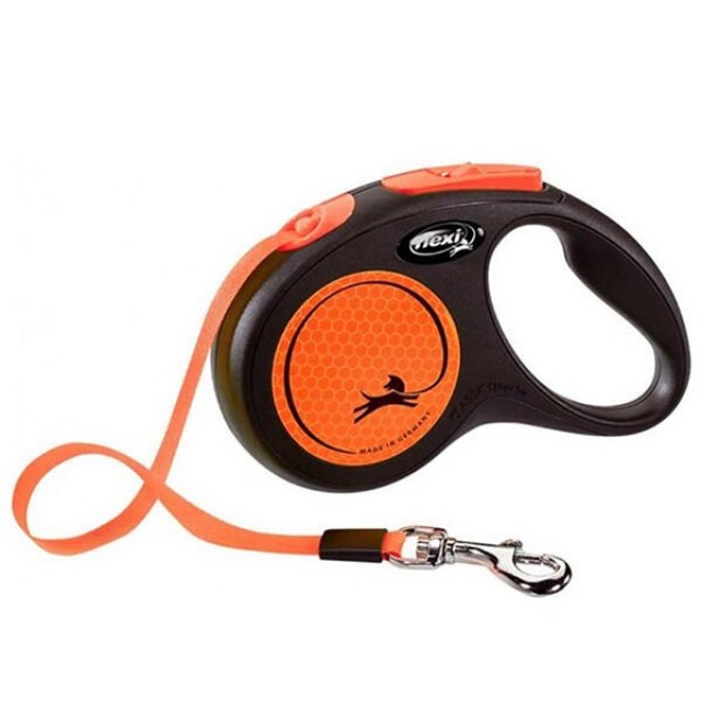 Flexi Neon Reflektörlü Şerit Otomatik Köpek Gezdirme Tasması Small Turuncu 5 Mt