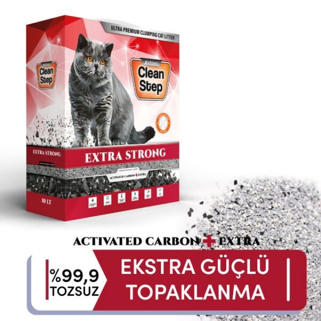 Clean Step Extra Strong Aktif Karbonlu İnce Taneli Topaklanan Bentonit Kedi Kumu 10 Lt