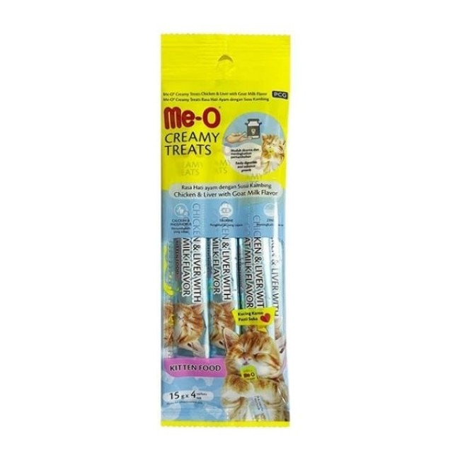 Me-O Creamy Tavuklu Ciğerli ve Keçi Sütlü Sıvı Yavru Kedi Ödül Maması 4x15 Gr Me-O Creamy Tavuklu Ciğerli ve Keçi Sütlü Sıvı Yavru Kedi Ödül Maması 4x15 Gr