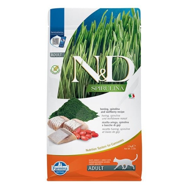 N&D Spirulina Ringa Balıklı ve Kurt Üzümlü Tahılsız Yetişkin Kedi Maması 1.5 Kg