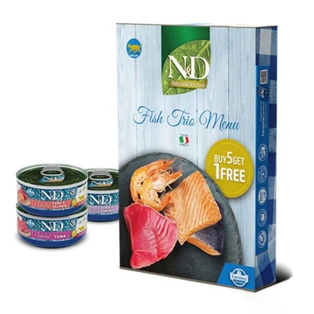 N&D Fish Trio Menu Karides ve Somon Balıklı Yetişkin Kedi Konservesi 1 Adet 6x70 Gr