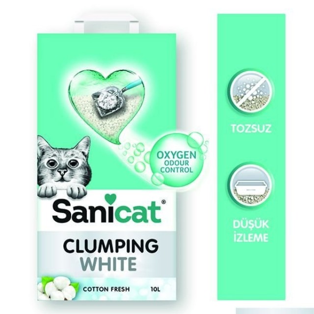 Sanicat Clumping White Cotton Oksijen Kontrol Topaklanan Kedi Kumu 10 Lt