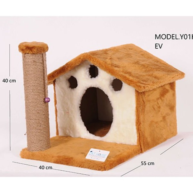 Cat Hause Y01 Ev Şeklinde Yuvalı ve Yataklı Kedi Tırmalama Evi Kahverengi 45 Cm