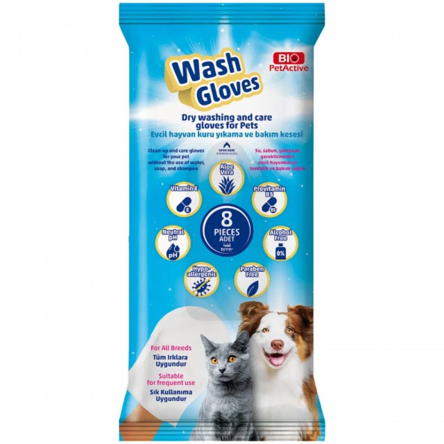 Bio PetActive Wash Gloves Evcil Hayvanlar İçin Kuru Yıkama Bakım Kesesi 8 Li Paket