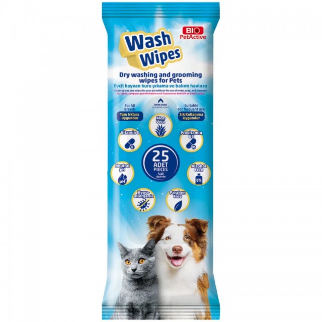 Bio PetActive Wash Wipes Evcil Hayvanlar İçin Kuru Yıkama ve Bakım Havlusu 25 Li Paket
