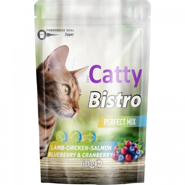 Catty Bistro Perfect Mix Kuzu Etli Tavuklu Somonlu Yaban Mersinli ve Kızılcıklı Kedi Ödülü 60 Gr