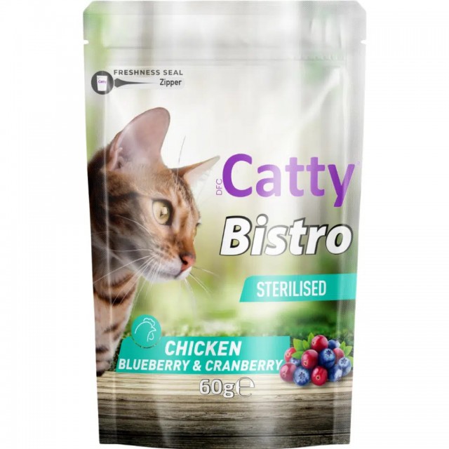 Catty Bistro Sterilised Tavuk Yaban Mersinli ve Kızılcıklı Kısırlaştırılmış Kedi Ödülü 60 Gr