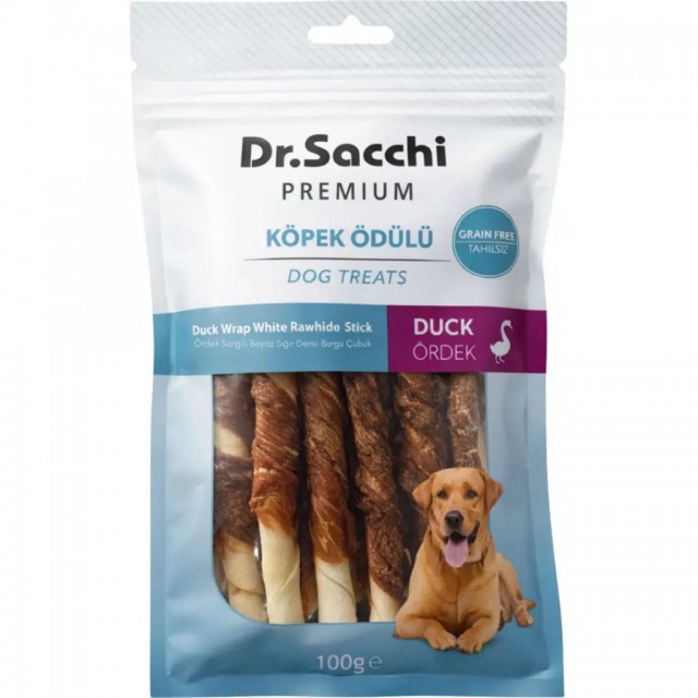 Dr.Sacchi Premium Ördek Sargılı Beyaz Sığır Derisi Burgu Çubuk Tahılsız Köpek Ödülü 10 Lu 100 Gr