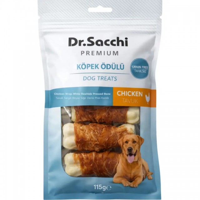 Dr.Sacchi Premium Tavuk Sargılı Beyaz Sığır Derisi Pres Kemik Tahılsız Köpek Ödülü 5 Li 115 Gr